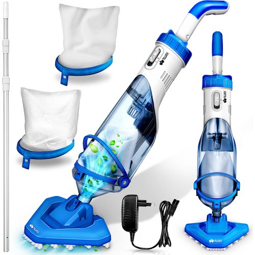 tillvex Poolsauger Blau/Weiß mit Akku & Teleskopstange + Ersatzfilter bis zu 15 m³ | Pool Bodensauger elektrisch | Poolreiniger mit Filter & 60 min Laufzeit | Handsauger Reinigungsset kabellos