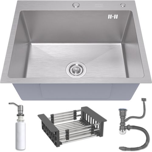 ANW HOME Einspülbecken INOX 60x50 mit Siphon, Abtropfgestell & Seifenspender 350ml, Waschbecken Küche Edelstahl 304 mit 2 HahnLöcher