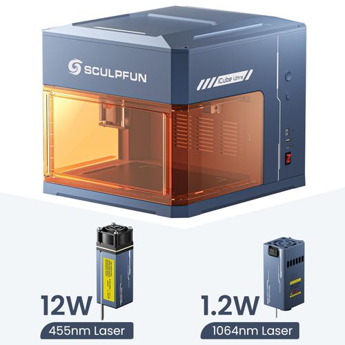 SCULPFUN iCube Ultra Mini Laser Gräviermaschine, 12W Diode und 1,2W Infrarot Laser Cutter, Tragbare Desktop Lasergravur