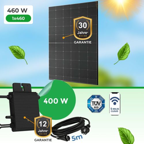 Balkonkraftwerk 460Watt mit HM 400W Hoymiles Wechselrichter, (bifazial, Glas-Glas, FullBlack) 460W Modul