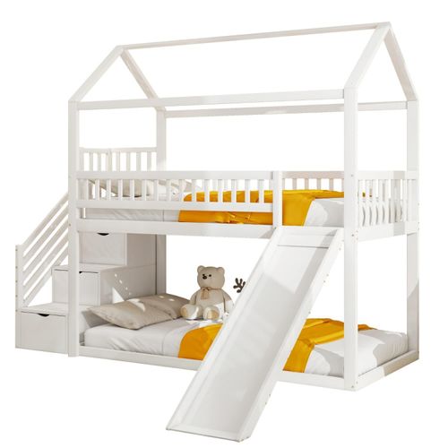 Kinderetagenbett 90*200cm, Hochbett(Weiss)mit Rutsche und Stauraumleiter, hohe Zaunkonstruktion, Massivholzbettrahmen, Lattenrost