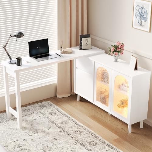 Schreibtisch 120x40x78cm LED 2-in-1 Sideboard Arbeitsplatte 360 drehbar Acryltuer Weiss Eckschreibtisch Frisiertisch oelgemaelde Textur Kommode
