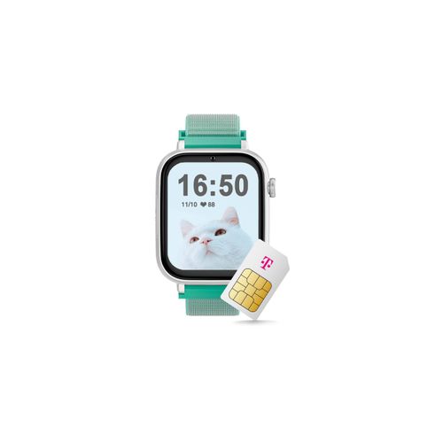 SaveWatch+ Kinder-Smartwatch: Mint Textilarmband & Weißes Aluminiumgehäuse mit dem Telekom Smart Connect S Tarif