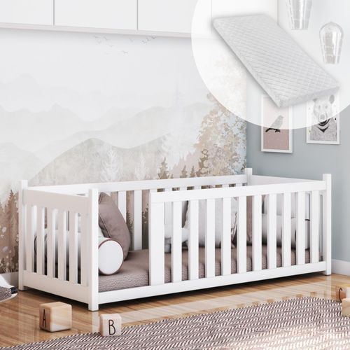 Kinderbett Bodenbett 90x200 cm Bett mit Rausfallschutz & Lattenrost Montessori Bett Bed Gitterbett Kinder Jugendbett Einzelbett mit Matratze | Kiefer Holz massiv | Weiß 90×200