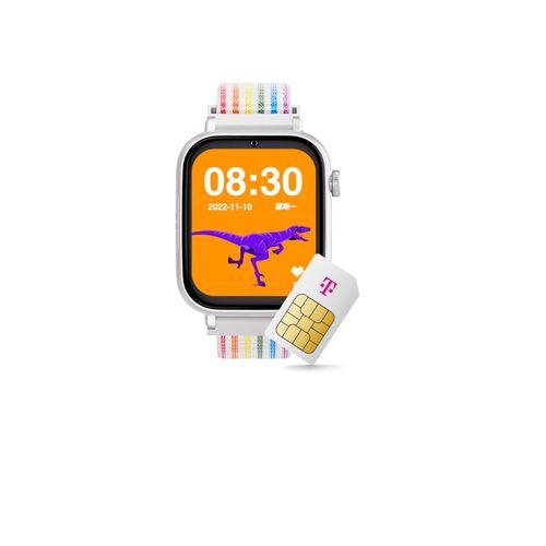 SaveWatch+ Kinder-Smartwatch: Regenbogen Textilarmband & Weißes Aluminiumgehäuse mit dem Telekom Smart Connect S Tarif