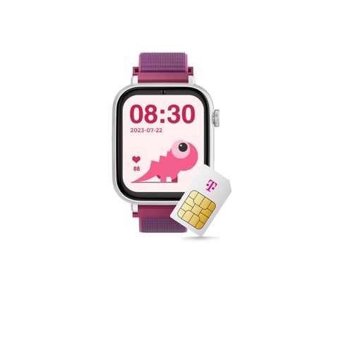 SaveWatch+ Kinder-Smartwatch: Himbeer Textilarmband & Weißes Aluminiumgehäuse mit dem Telekom Smart Connect S Tarif