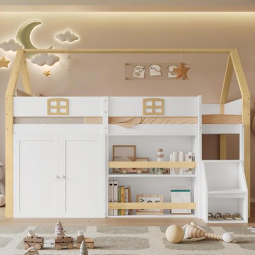 Kinderbett,Etagenbett, Holzbett,Aufbewahrungsleiter, Reichlich Stauraum mit Regale und Kleiderschrank, Exquisites Fenster90x200cm