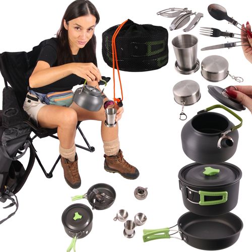 Campinggeschirr Set 18-teilig: Topf Pfanne Kessel Etui