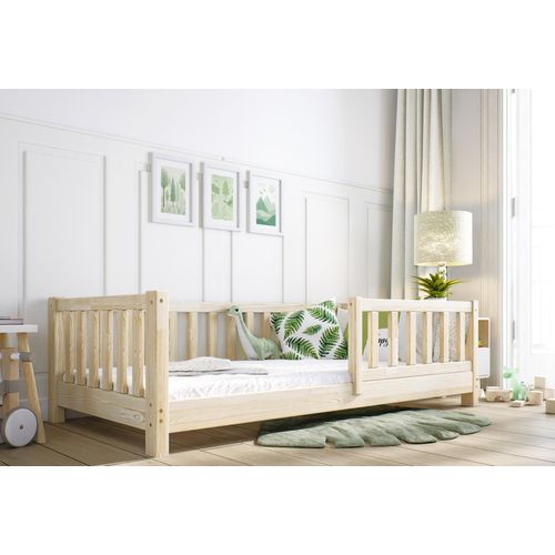 Kinderbett 100x200 Naturbelassen Bodenbett ZAYA Kiefernholz mit Rausfallschutz Lattenrost | Letino