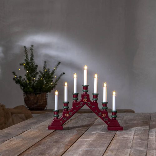 Lichterbogen Sara, rot, Holz, 43 cm breit, 7-flammig, E10