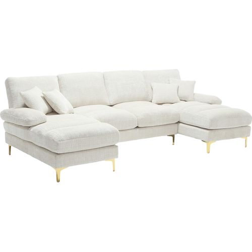 Abrihome Ecksofa U-Förmiges Sektionssofa Sofa für 4 Personen mit Liegefunktion, Chenille - Weiß