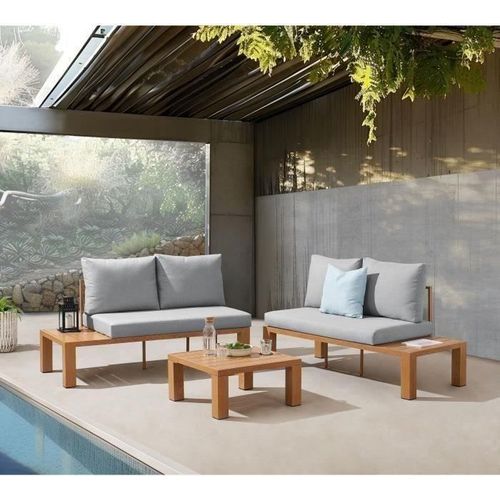 Gartenmöbel Ecksofa - Holzoptik Aluminium - 4 Personen - Perlgrau