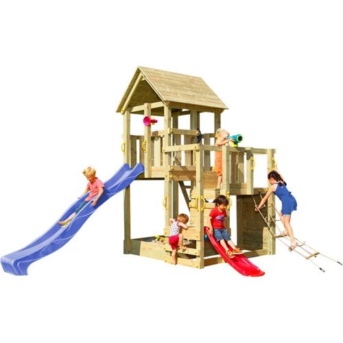 Spielturmking Spielturm PENTHOUSE mit Rutsche 2,90 m + Babyrutsche + Kletternetz - Blau DH268