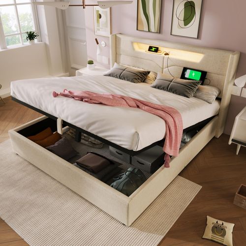 MODFU Polsterbett 140x200 mit Bettbank Hydraulik-Stauraum,Ohne Matratze,Doppelbett Holzbett mit LED und USB-C in beige Leinen,Stauraumbett Bettgestell aus Lattenrost inkl