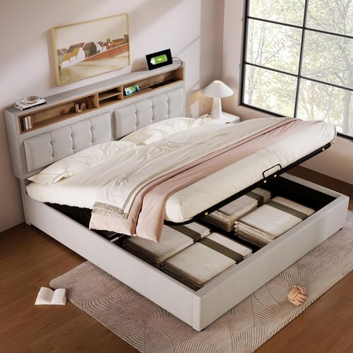 MODFU Polsterbett 140x200 mit Stauraum,Bettgestell Doppelbett mit Bettbank und USB-Ladestation ,Holzbett mit Bettbank und aus Inkl. Lattenrost, ohne Matratze