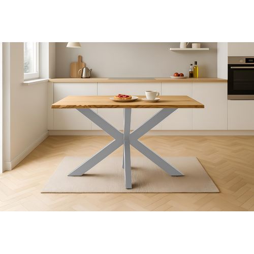 Esstisch 120x80 cm Baumkante Eichenholz massiv geölt Spider-Gestell silber SALVADOR