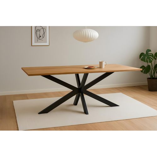 Esstisch 220x100 cm Baumkante Eichenholz massiv geölt Spider-Gestell Schwarz SALVADOR