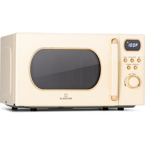 Klarstein Mikrowelle mit Grill, 800 Watt Mikrowelle Klein, 3-in-1Edelstahl-Mikrowelle Creme, Kleine 20 Liter Mikrowelle mit Auftau- und Pizzafunktion, Drehteller, Platzsparend, Einfach zu Bedienen