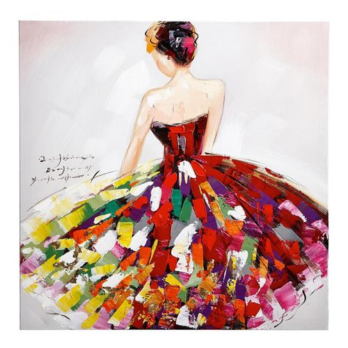 Monee Ölgemälde Dame mit buntem Kleid , Mehrfarbig , Holz, Textil , Tanne , massiv , rechteckig , 60x60 cm , handgemalt, Keilrahmen , Bilder und
