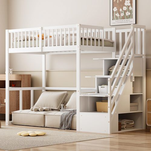 Flieks Etagenbett 90x200cm mit Rausfallschutz, Kinderbett mit Treppe, Hochbett mit Schubalden und Regal, Holzbett Stockbett Einzelbett, Weiß