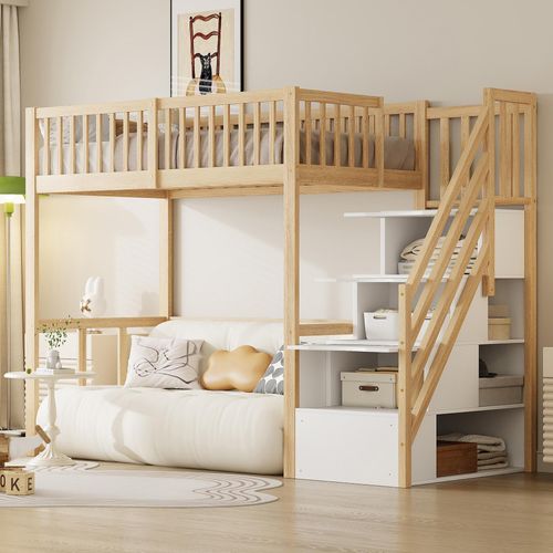 Flieks Etagenbett 90x200cm mit Rausfallschutz, Kinderbett mit Treppe, Hochbett mit Schubalden und Regal, Holzbett Stockbett Einzelbett, Naturbelassen