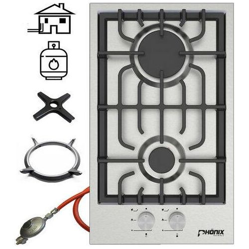 Phönix Domino-SL Gaskochfeld Edelstahl Gaskocher 2 flammig + Gasschlauch-Regler + WOK-Aufsatz
