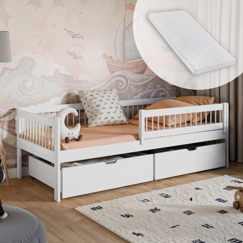 Kinderbett 90x200 cm mit zwei Schubladen, Rausfallschutz, Lattenrost und Matratze, Gitterbett Kinder Jugendbett | Kiefer-Massivholz | 90x200cm: von 4. bis 18. Lebensjahr, Weiß
