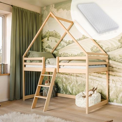 Hochbett 80x180 cm Kinderbett Hausbett Kinderhochbett Bett Mit Matratze Rausfallschutz, Leiter & Lattenrost | Kiefer-Massivholz | 80x180cm: von 3. bis 12. Lebensjahr, Natur