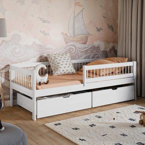 Kinderbett 90x200 cm mit zwei Schubladen, Rausfallschutz und Lattenrost Gitterbett Kinder Jugendbett | Kiefer-Massivholz | 90x200cm: von 4. bis 18. Lebensjahr, Weiß