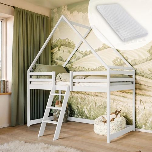 Hochbett 80x180 cm Kinderbett Hausbett Kinderhochbett Bett Mit Matratze Rausfallschutz, Leiter & Lattenrost | Kiefer-Massivholz | 80x180cm: von 3. bis 12. Lebensjahr, Weiß