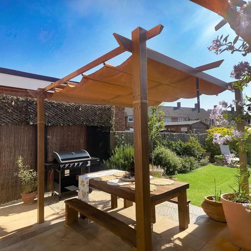 PURPLE LEAF Pergola 3 x 3 m Holzoptik Terrassenüberdachung Aluminium Pavillon mit Einziehbarem Dach Freistehend mit Markisenschutz , Beige