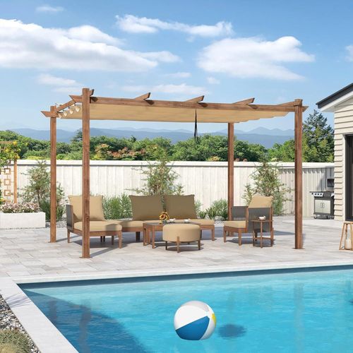 PURPLE LEAF Pergola 3 x 4 m Holzoptik Terrassenüberdachung Aluminium Pavillon mit Einziehbarem Dach Freistehend mit Markisenschutz, Beige