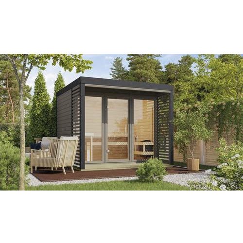 Saunahaus Karibu Sares 3 ohne Ofen mit Fenster und Ganzglastür aus Klarglas anthrazit/terragrau