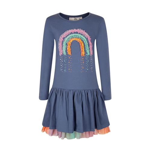Shirtkleid HAPPY GIRLS, Mädchen, Gr. 146, N-Gr, blau (jeans blau), Jersey, Obermaterial: 95% Baumwolle, 5% Elasthan. Unterteil: 100% Polyester, bedruckt, unifarben, regular fit normal, Rundhals, Kleider