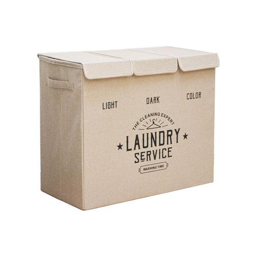 Wäschekorb 3 Fächer - 84L Wäschesammler Beige mit Deckel - Wäsche Organizer Bad