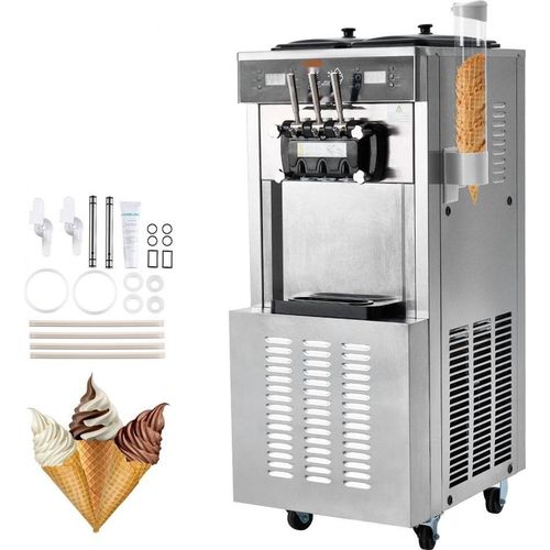 Kommerzielle Softeismaschine, 34-44 L/h Leistung, 1850 W, Freistehende mit 3 Geschmacksrichtungen, 2x 9 L Edelstahlbehälter, LED-Panel - Einzelzylindernutzung & Kühlung über Nacht.