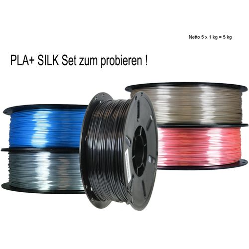 Filamentwerk 5er Set PLA+ Shiney Silk 1,75mm 3D Drucker Filament 5 x 1kg = 3kg Black Pearl / Pyrit Gold /Silicium Silver / Diamond Blue / Turmalin Red