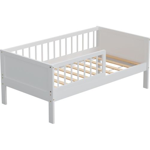 HAGO24 Kinderbett 140x70cm Weiß Holzbett Einzelbett Lattenrost Rausfallschutz Kiefernholz Kleinkind Beistellbett