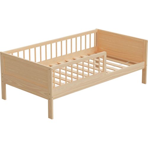 HAGO24 Kinderbett 160x80cm Natur Holzbett Einzelbett Lattenrost Rausfallschutz Kiefernholz Kleinkind Beistellbett