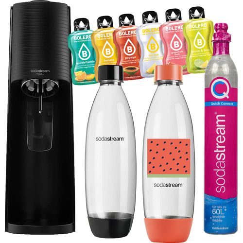 SODASTREAM TERRA Sprudelgerät + blaue Flasche mit Dekor + 6x Bolera