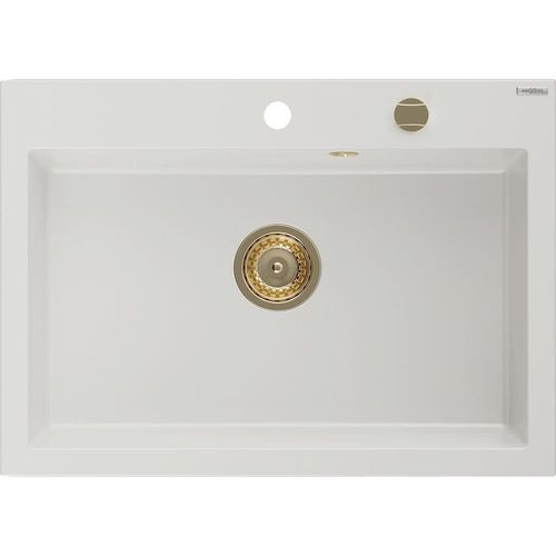 Mexen Elix Granitspüle 1-Becken 700 x 500 mm, weiß, Siphon goldfarben - 6526701005-20-G