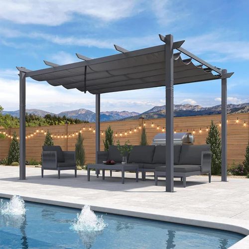 PURPLE LEAF Pergola 3x4 m stabil, Alu Garten Pavillon mit Schiebedach, Terrassenüberdachung Dunkelgrau Rahmen mit Sonnenschutz Überdachung, Grau