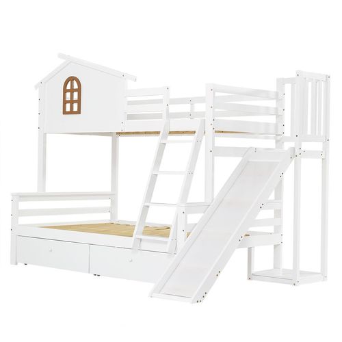 Kinderbett mit Rutsche und Schubladen Etagenbett Jugendbett 90x200 & 120x200cm Weiß