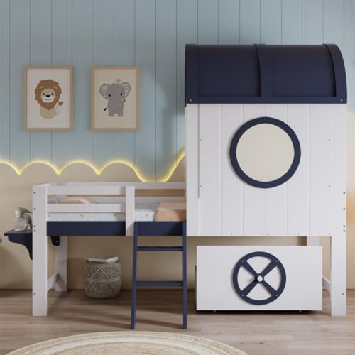 Halbhohes Bett mit Dach Fenster und Schrägleiter Etagenbett Kinderbett Kiefer + MDF + Sperrholz Weiß+Dunkelblau 90x200cm