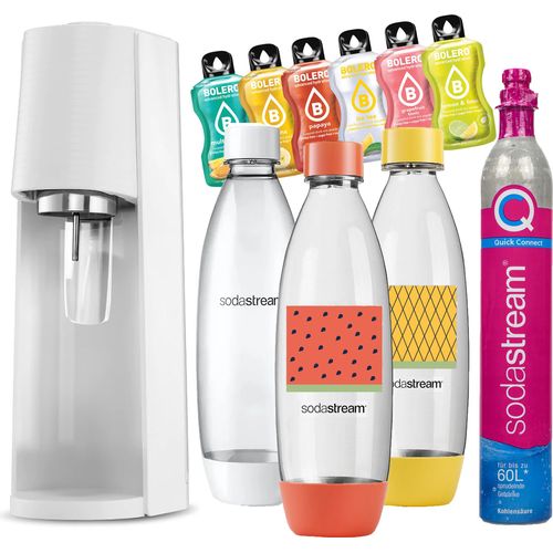 SODASTREAM TERRA Sprudelgerät WEISS + Flasche weiß fuse 1 l + 2x Dekor + 6x Bolera