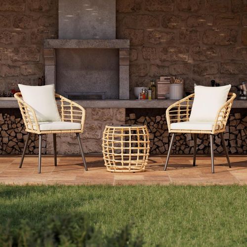 Ambia Garden Balkonset , Natur, Schwarz, Beige , Metall, Kunststoff, Glas, Textil , 3-teilig , Füllung: Polyester,Schaumstoff , konisch , 56x72x66 cm , Beleuchtung , Balkonmöbel, Balkonmöbel-Sets