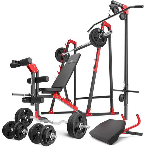 Marbo Sport Set MH26_174KG_KIER | verstellbare Hantelbank + Langhantelständer + Beintrainer + Latzug + Scott-Bank + Hantelstangen/Hantelscheiben Set 113 kg