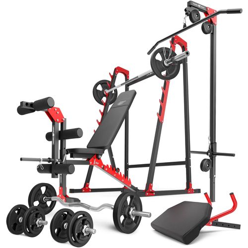 Marbo Sport Set MH26_144KG_KIER |verstellbare Hantelbank + Langhantelständer + Beintrainer + Latzug + Scott-Bank + Hantelstangen/Hantelscheiben Set 83 kg