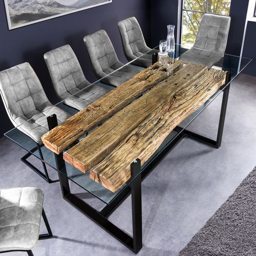 riess-ambiente Design Glas Esstisch BARRACUDA 220cm Teak Massivholz Edelstahl verchromt Kufengestell Esszimmertisch Tisch Konferenztisch