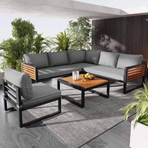 Gartenlounge-Set fuer 5-6 Personen Modernes Outdoor-Sofa-Set Gartenmoebel verzinktem Eisenrahmen Dekorative Armlehnen aus Holz Zweipersonen-Sofa
